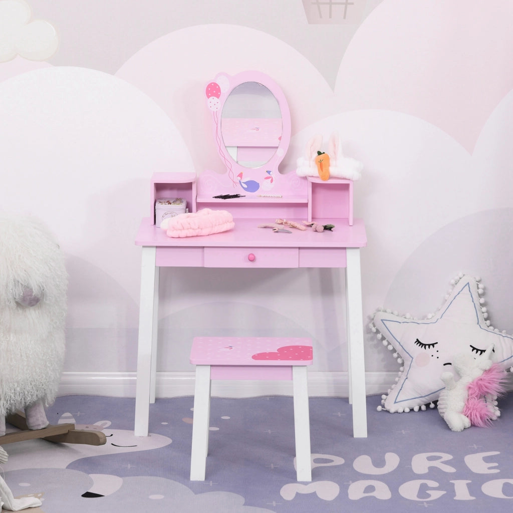 Toeletta per Bambine 3+ Anni in Legno, Set Tavolo da Trucco Giocattolo con Specchio e Sgabello, Rosa