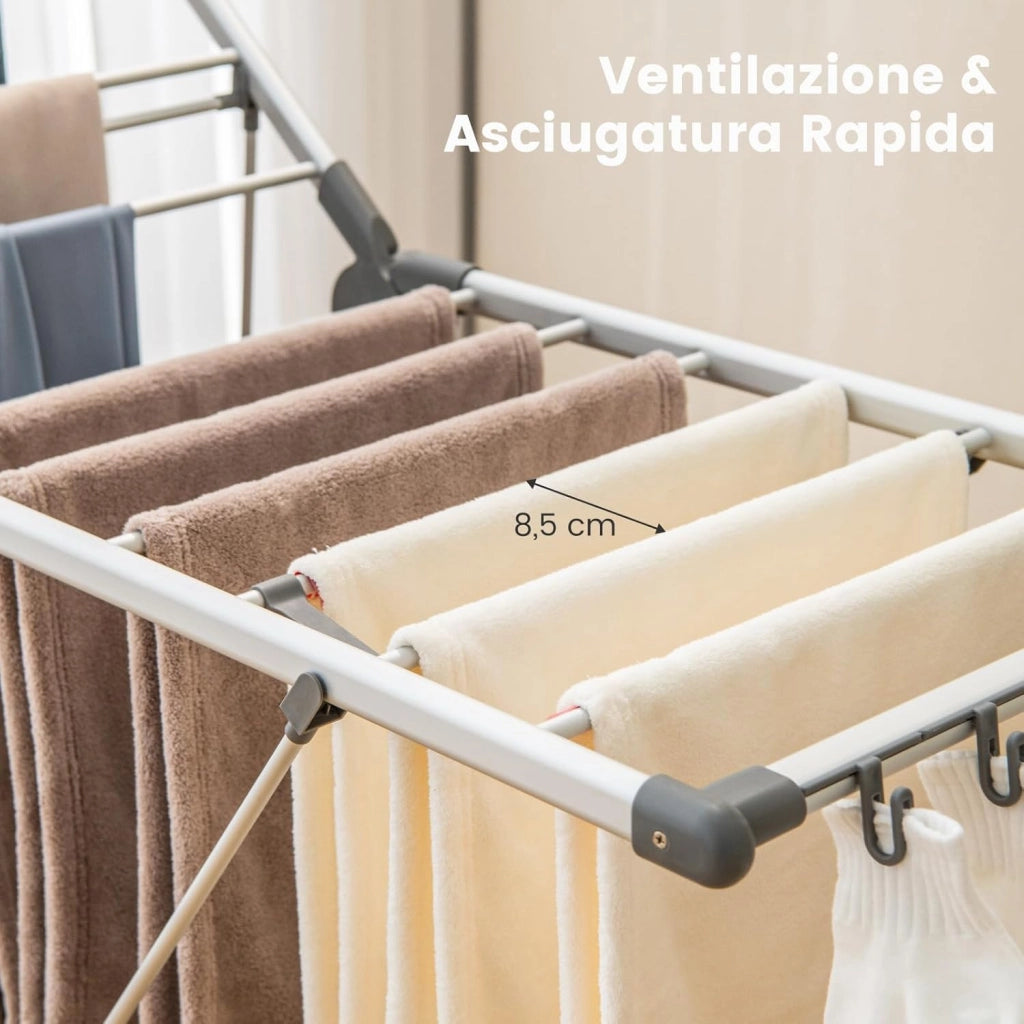 Stendibiancheria Pieghevole a 2 Livelli in Alluminio, Stendino Pieghevole con Altezza Regolabile a 5 Livelli, 21 Bacchette, 10 Mollette Laterali, 4 Supporti per Scarpe, Interni ed Esterni