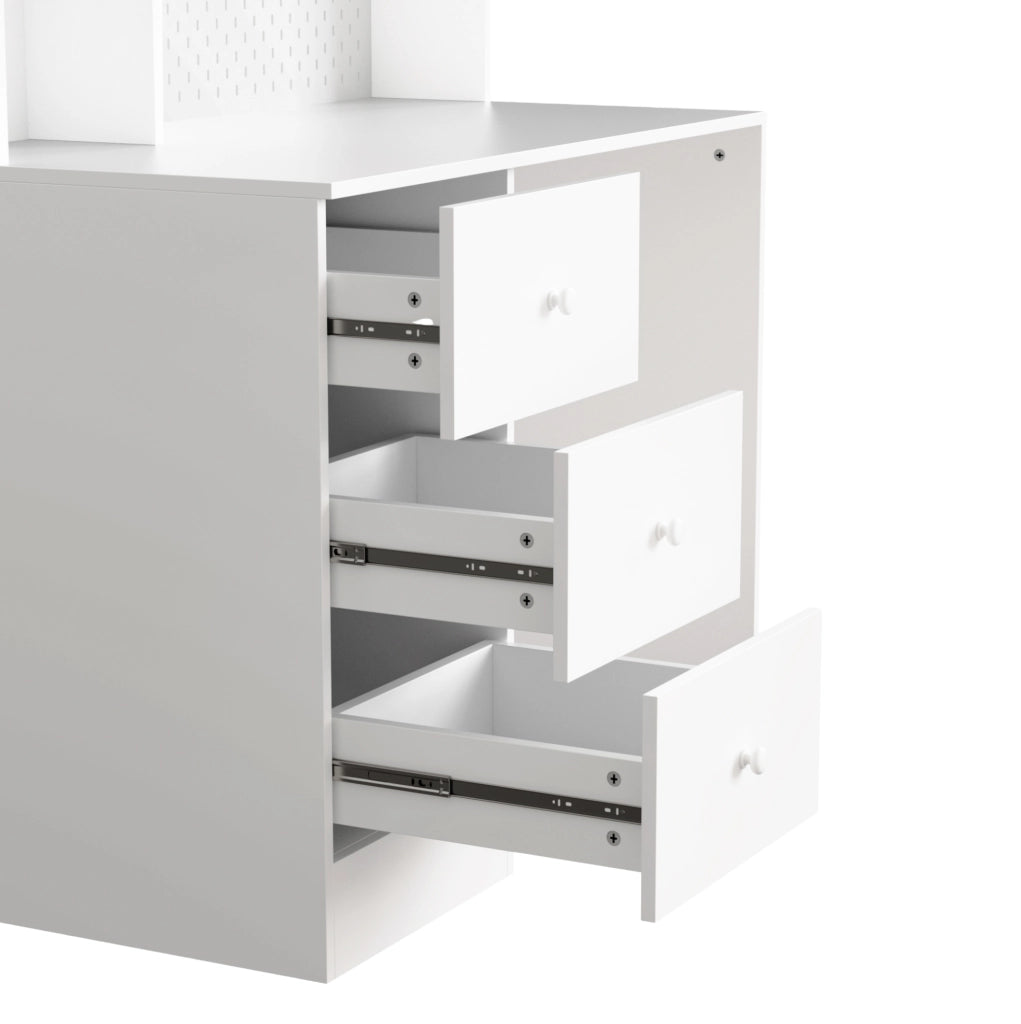 Scrivania con 3 cassetti e pannello forato， MDF bianco 100x55x180 cm