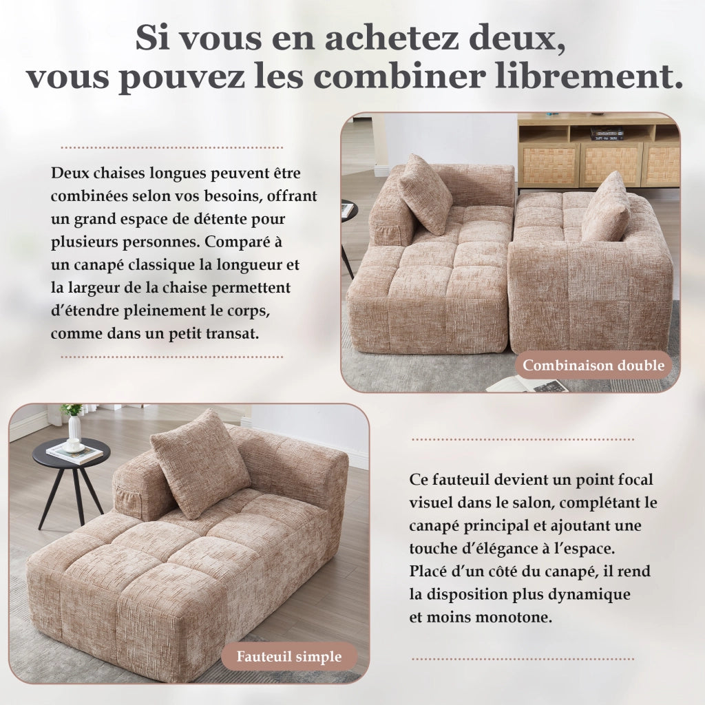 OKWISH Chaise Longue in Ciniglia, Seduta Imbottita con Cuscino e Tasche Laterali, Design Ergonomico, Cachi, 158 × 90 × 60 cm