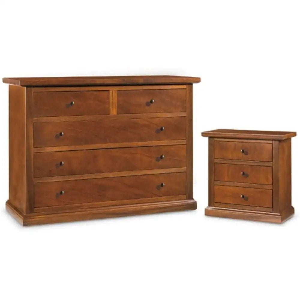 Comò 5 cassetti 122x55x90 H e 2 comodini 3 cassetti  60x35x64 H arte povera in legno massello e mdf con rifinitura in noce