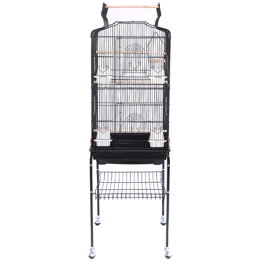 Gabbia Voliera per Uccelli Nera per Pappagalli con Tetto Apribile 46x35x148 cm