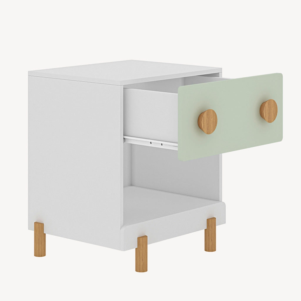 Comodino per Cameretta Vaarentaa con Cassetto e Scomparto Aperto 47x40x35 cm - Bianco/Verde Menta [en.casa]