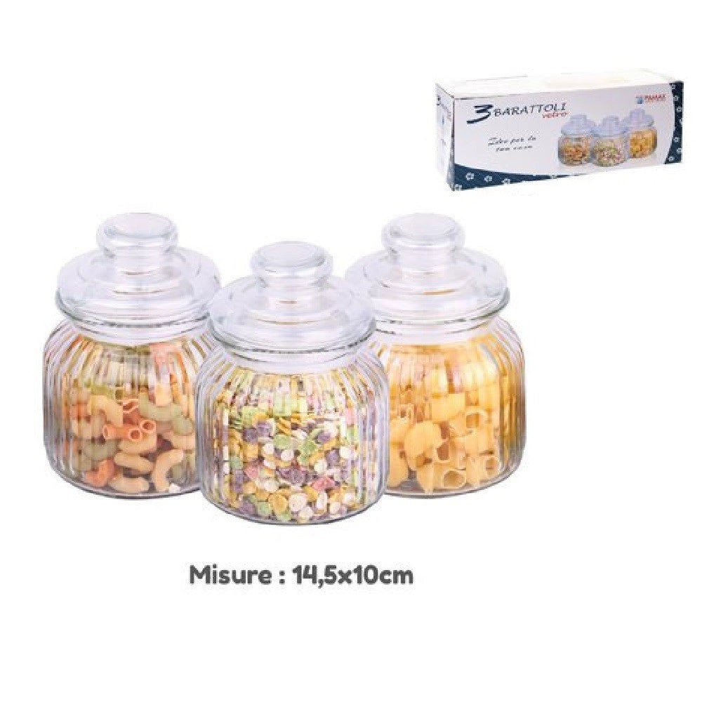 Trade Shop - Set 3 Tris Barattoli Con Coperchio Vetro 14.5x10cm Cucina Pasta Biscotti 710916 -