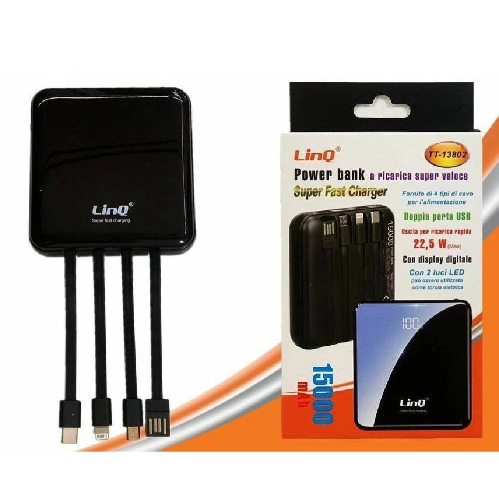 Trade Shop - Power Bank Con Ricarica Super Veloce 22.5w 15000mah Display Lcd 4 Cavi Tt-13802 -