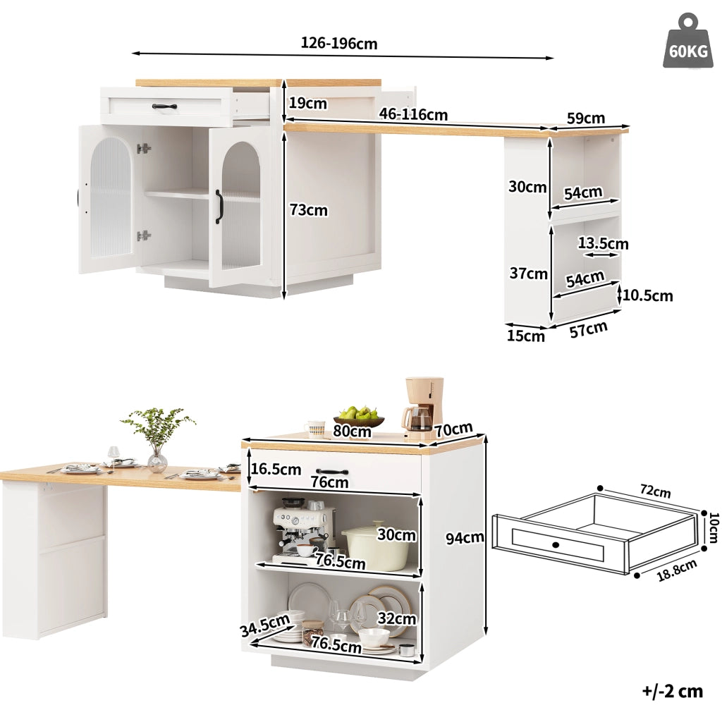 Isola da cucina estraibile con LED - Zephmum- 2 cassetti, ripiani regolabili, ante in vetro