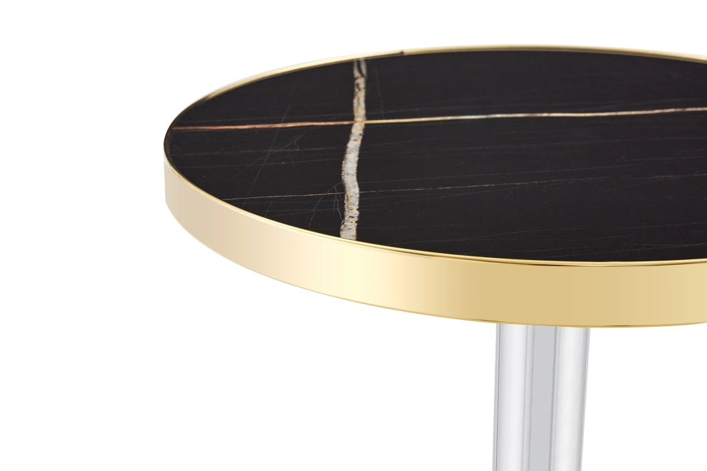 Tavolino basso rotondo con piano effetto marmo UV e bordo in acciaio inox color oro, per soggiorno, nero, in MDF