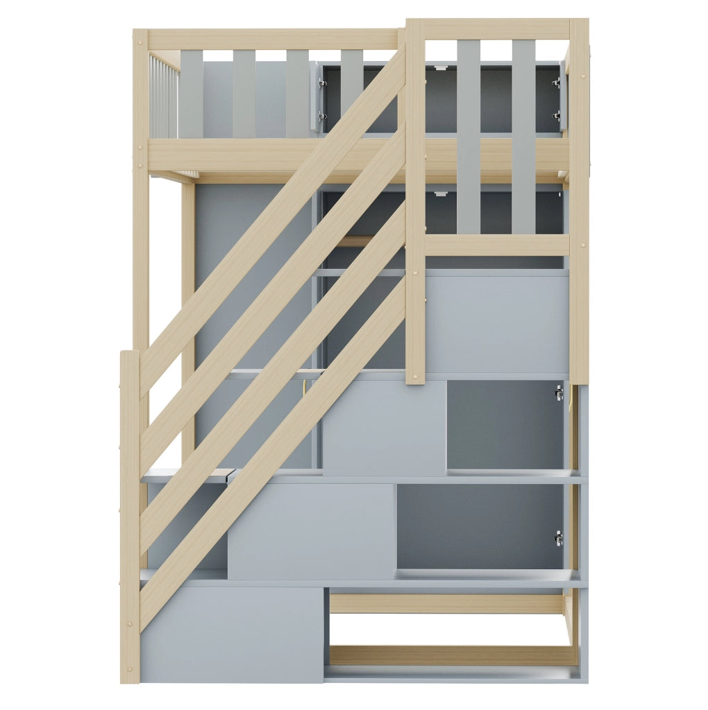 Letto a soppalco 90x200 cm in legno con armadio; scaffali e scala con vani; grigio e legno naturale