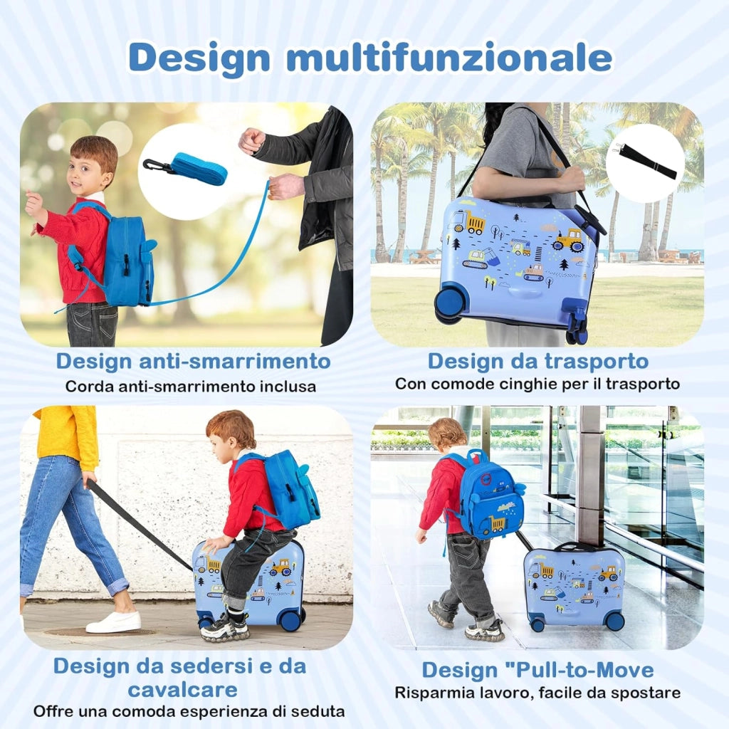 Valigia Cavalcabile per Bambini, 18" Valigia+ 12" Zaino,2 Pezzi, Trolley Bambini Bagaglio a Mano con Ruote Girevoli e Maniglia Retrattile, 2 Cingie Multiuso (Modello 9)