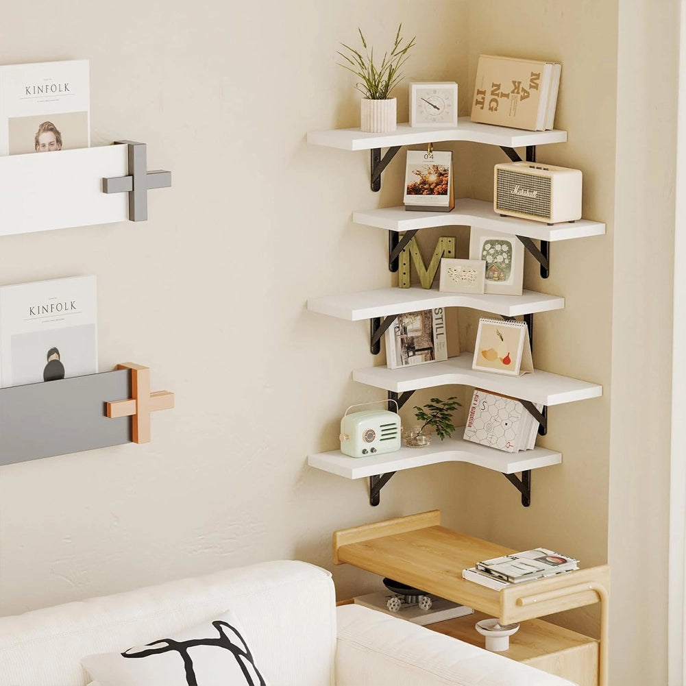 Set 5 Mensole Angolari a Parete in Legno Bianco Mensola Scaffale Angolo da Muro