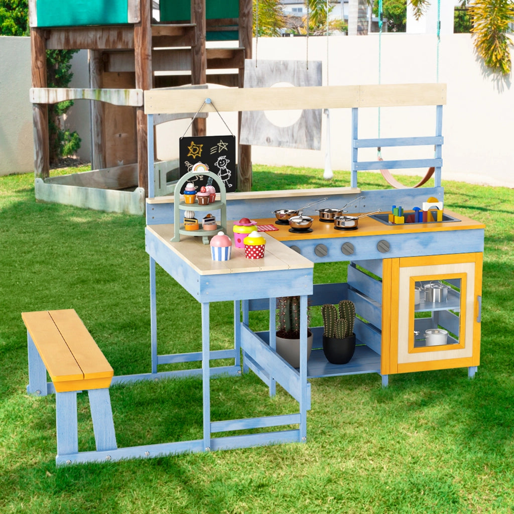 Cucina da giardino con tavolo da picnic per bambini-Set gioco in legno di abete con panchina Blu