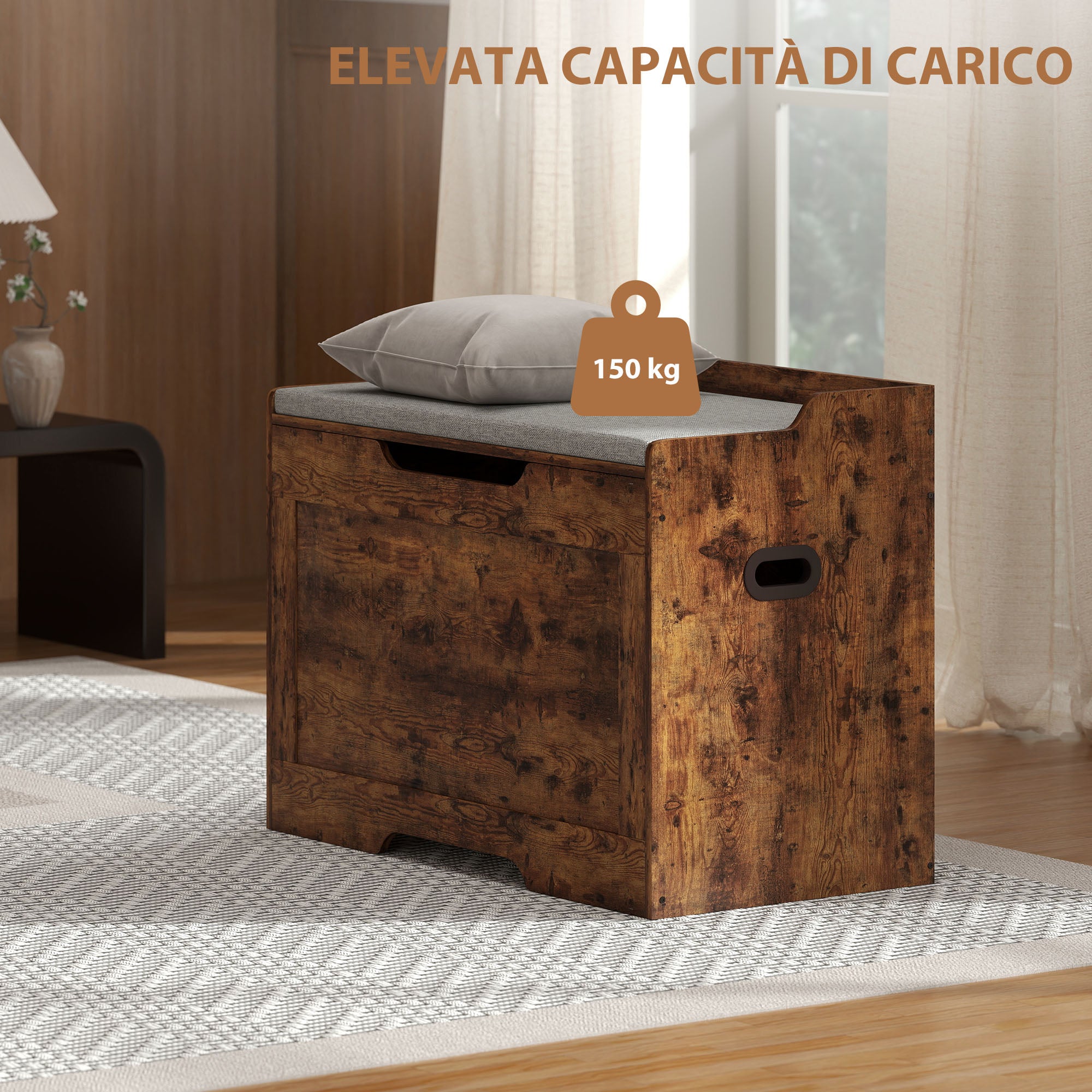 Panca Contenitore da 103L Multifunzione 75x40x56 cm color Legno con Cuscino in Tessuto Grigio