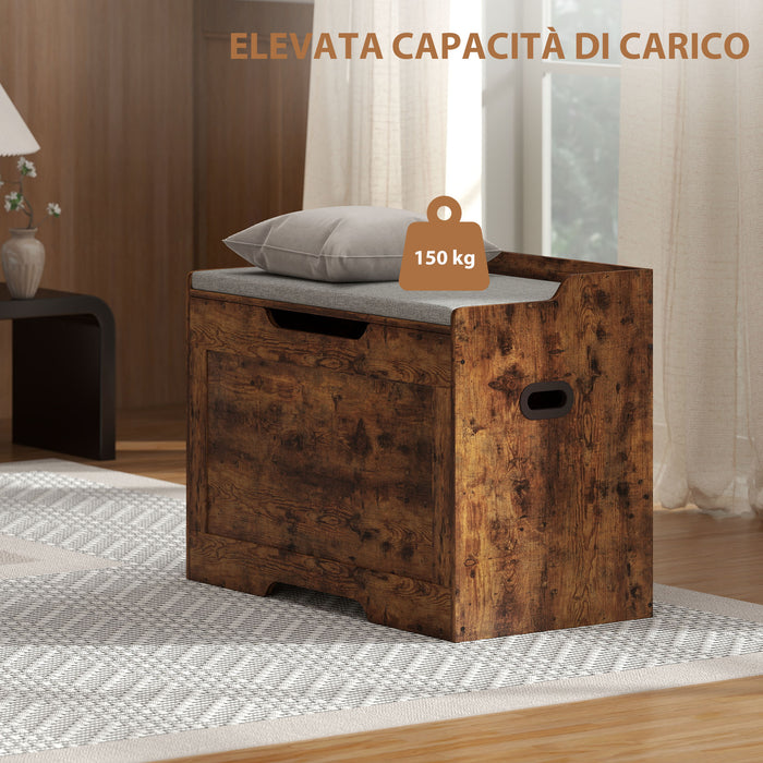 Panca Contenitore da 103L Multifunzione 75x40x56 cm color Legno con Cuscino in Tessuto Grigio