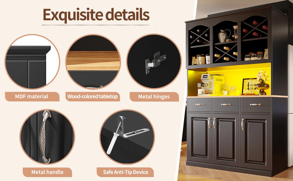 Buffet da Cucina con LED ¨C MINIMAL ¨C Nero, 3 Ante, 3 Cassetti, 120x40x180 cm