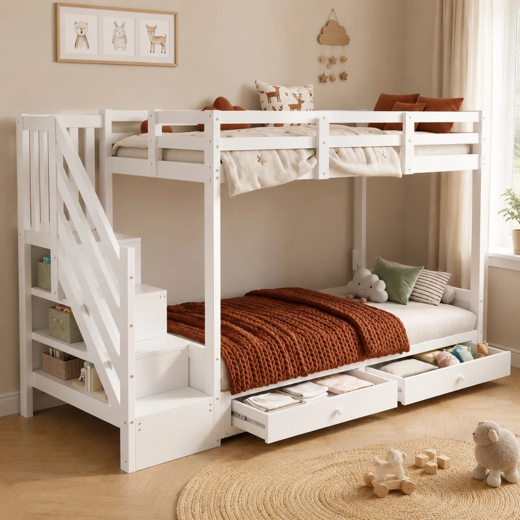 Letto a castello multifunzione 90x200 cm in legno massello e MDF; bianco; con scala contenitore e cassetti