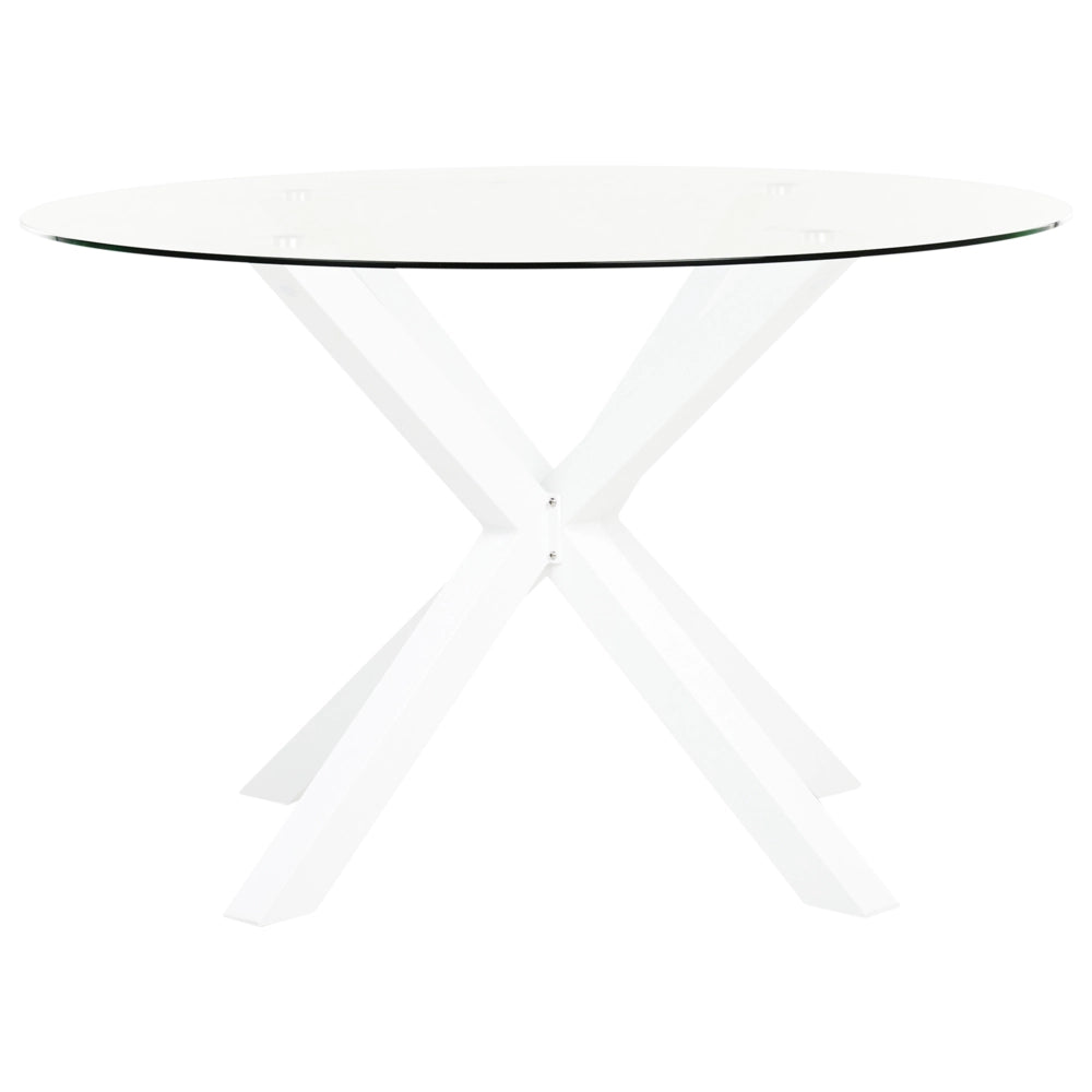 Tavolo da Pranzo da Giardino Bianco Gambe in alluminio Piano in Vetro Trasparente Rotondo ø 120 cm Outdoor Moderno