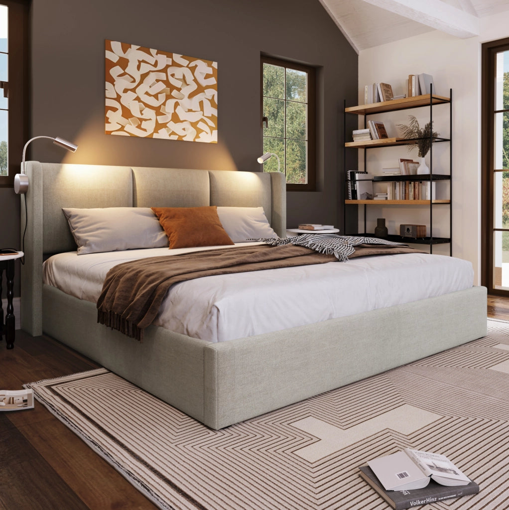 Letto matrimoniale imbottito 140x200 cm con contenitore; luce da lettura e USB; beige in lino