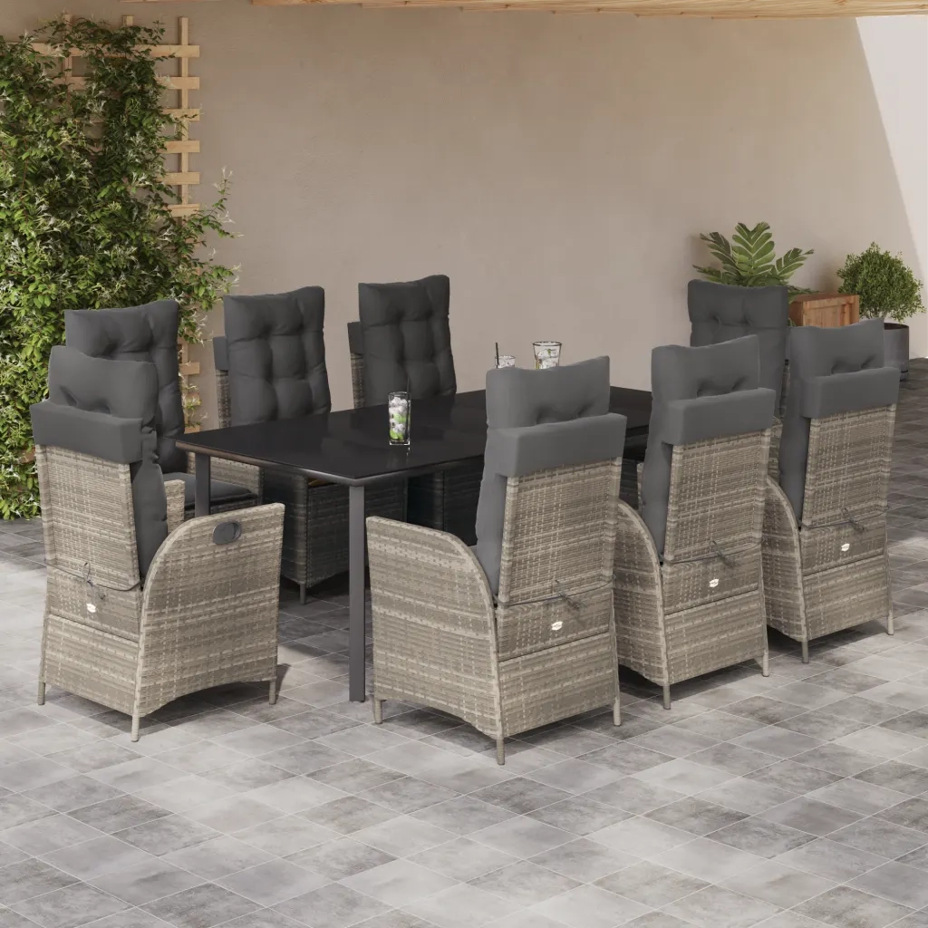Set Pranzo da Giardino 9pz con Cuscini Grigio Chiaro Polyrattan 3213293
