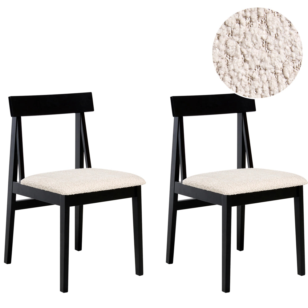 Set di 2 sedie da pranzo Struttura in legno di gomma scuro Seduta in bouclé beige Design retrò senza braccioli