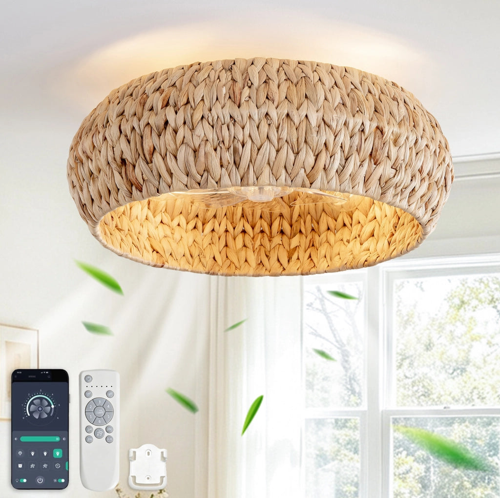 Ventilatore da soffitto 53 cm con luce, in rattan e plastica color rame