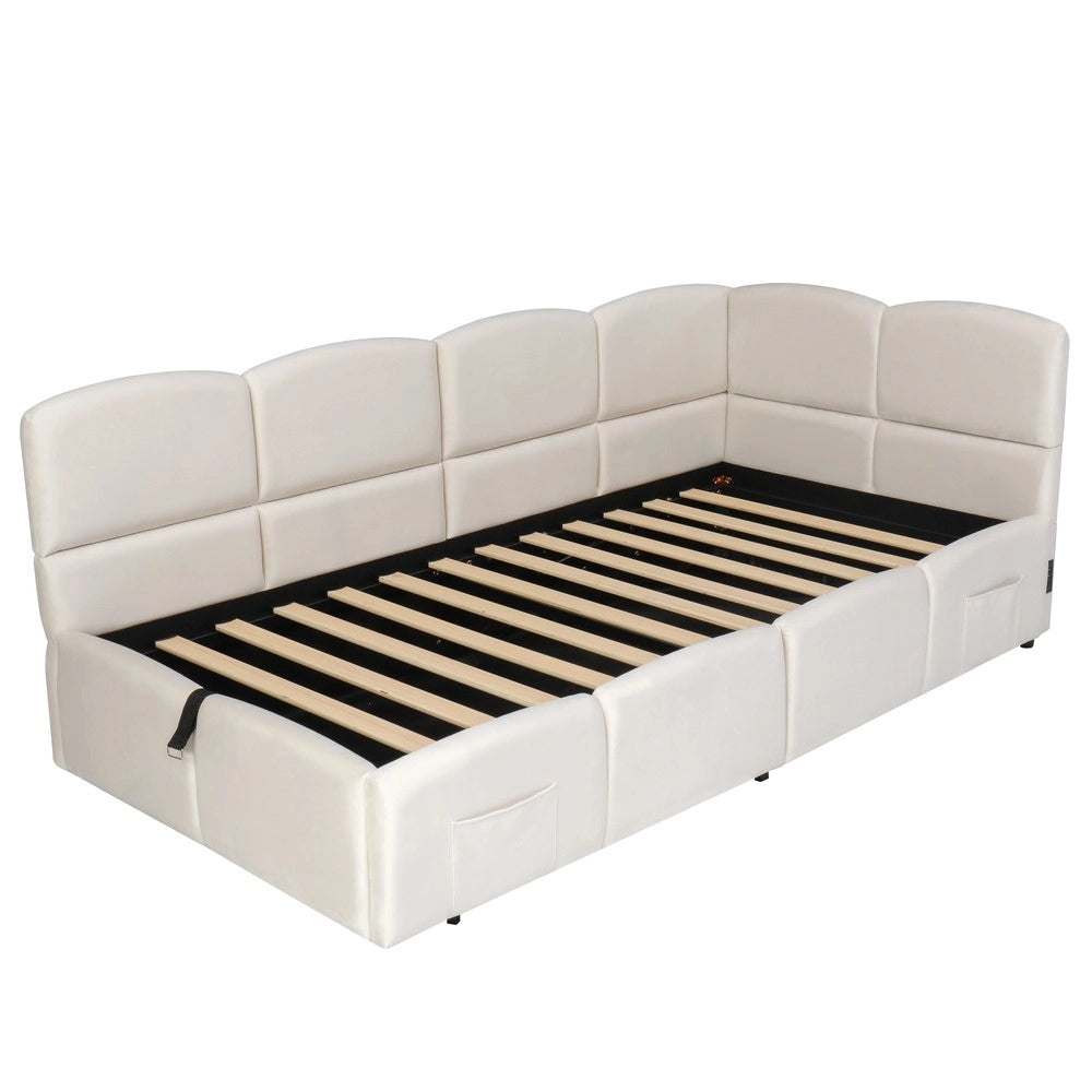 Letto Singolo Imbottito Contenitore con Rete a Doghe ¨C Xylo ¨C Velluto Beige 90x190