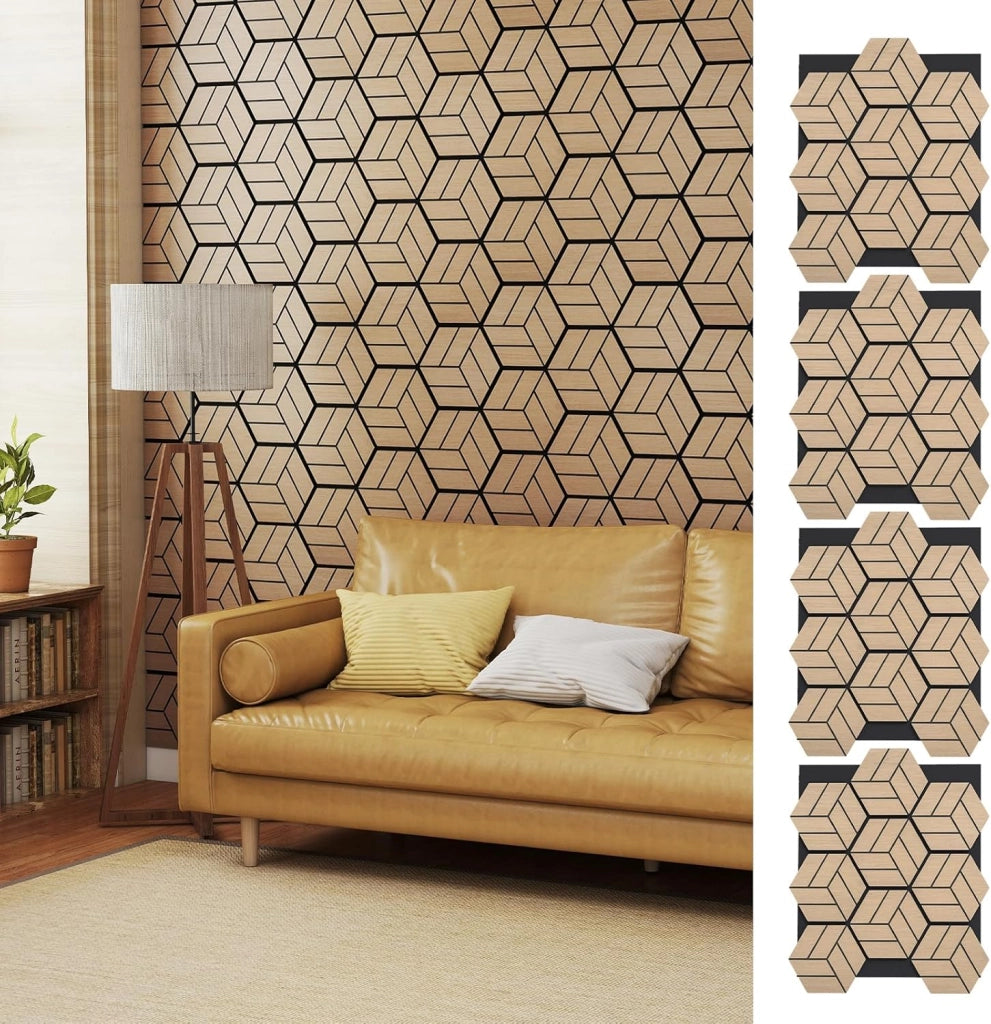 Set di 4 Pannelli Fonoassorbente, Pannelli Acustici per Pareti, 81x 66 cm, 9 Tavoletta Esagonali in Legno, per Riduzione del Rumore, Decorazione Interna, 2,1 m²