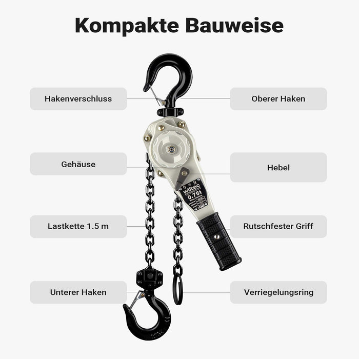 Paranco a leva 0,75 t x 1,5 m, paranco a catena compatto con impugnatura girevole a 360°, per lavori di sollevamento in spazi ristretti