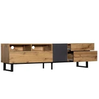 Mobile TV Moderno Colorblocking con Venature in Legno e Superficie Lucida, Design Irregolare, Senza Maniglia, Rovere + Antracite, Nero