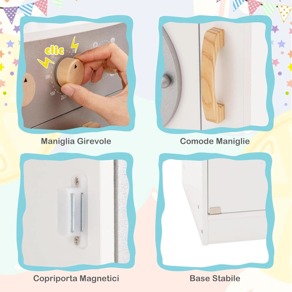 Set Gioco da Cucina per Bambini d'Angolo, Cucina Giocattolo in Legno con Macchina di Ghiaccio, Microonde, Lavatrice e Accessori, con Suoni e Luci, per Bambini 3-10 Anni (Bianco)