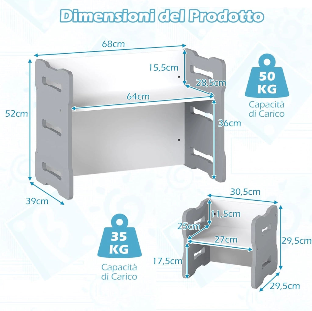 Set Tavolo e Sedia per Bambini, Set 3 Pezzi per Bambini con 2 Sgabelli e Tavolo Attività, Angoli Arrotondati e Maniglia, Mobili Multifunzionali per Casa, Scuola e Asilo (Grigio)