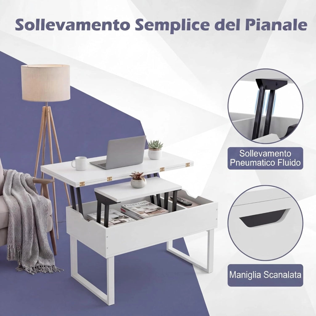 Tavolino da Caffè 3 in 1 con Piano Sollevabile, Tavolo Ausiliario Estensibile con Scomparti Nascosti, Gambe in Metallo, Tavolino Multifunzionale in Legno per Soggiorno e Sala da Pranzo (Bianco)