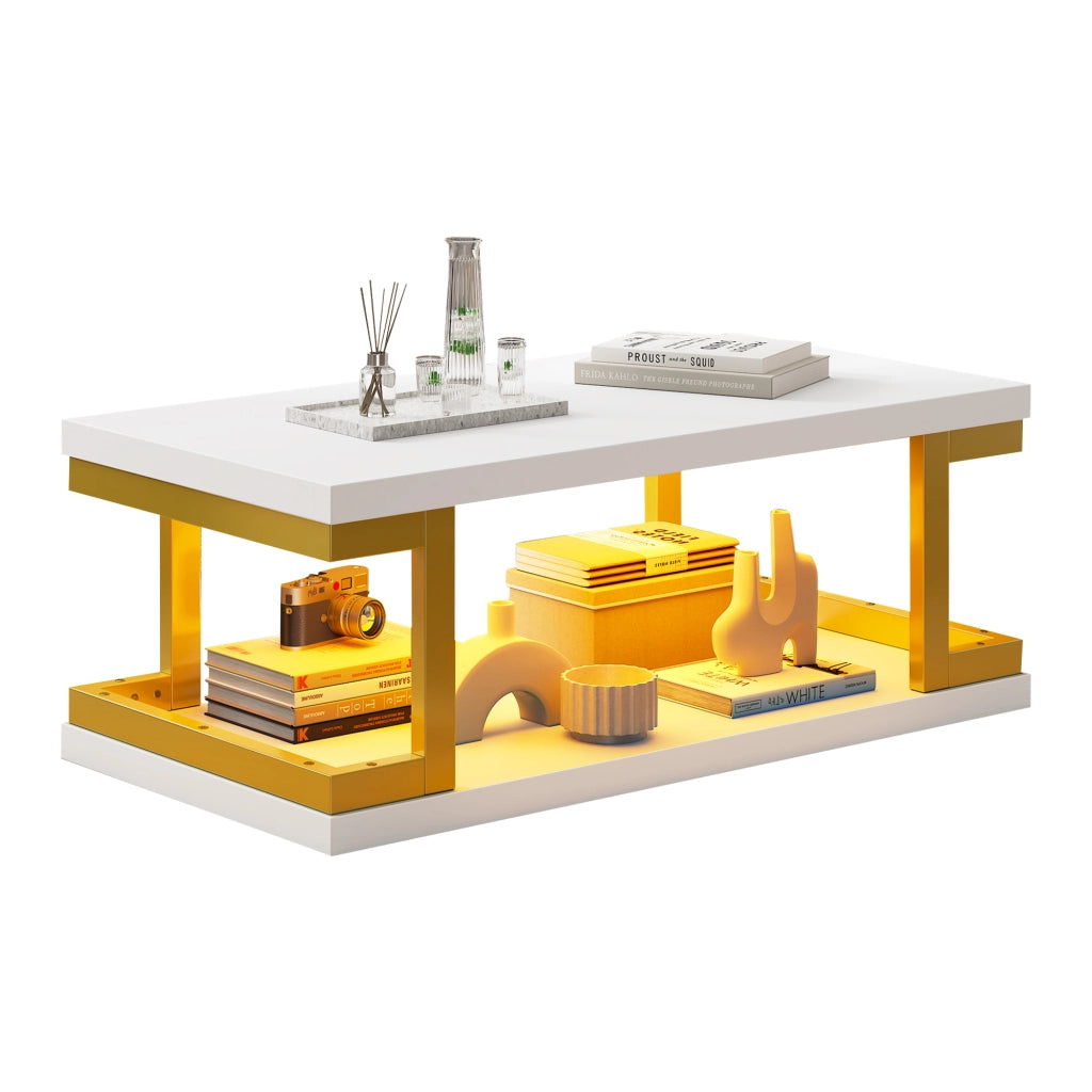 Tavolino da caff¨¨ rettangolare 100 ¡Á 50 ¡Á 37,5 cm con illuminazione LED, struttura in MDF e metallo, colore bianco e oro