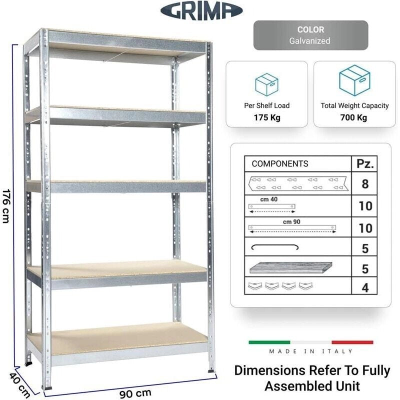 SCAFFALE IN METALLO JOKER 90 X 40 X H 174 CM 5 RIPIANI 175 KG A PIANO