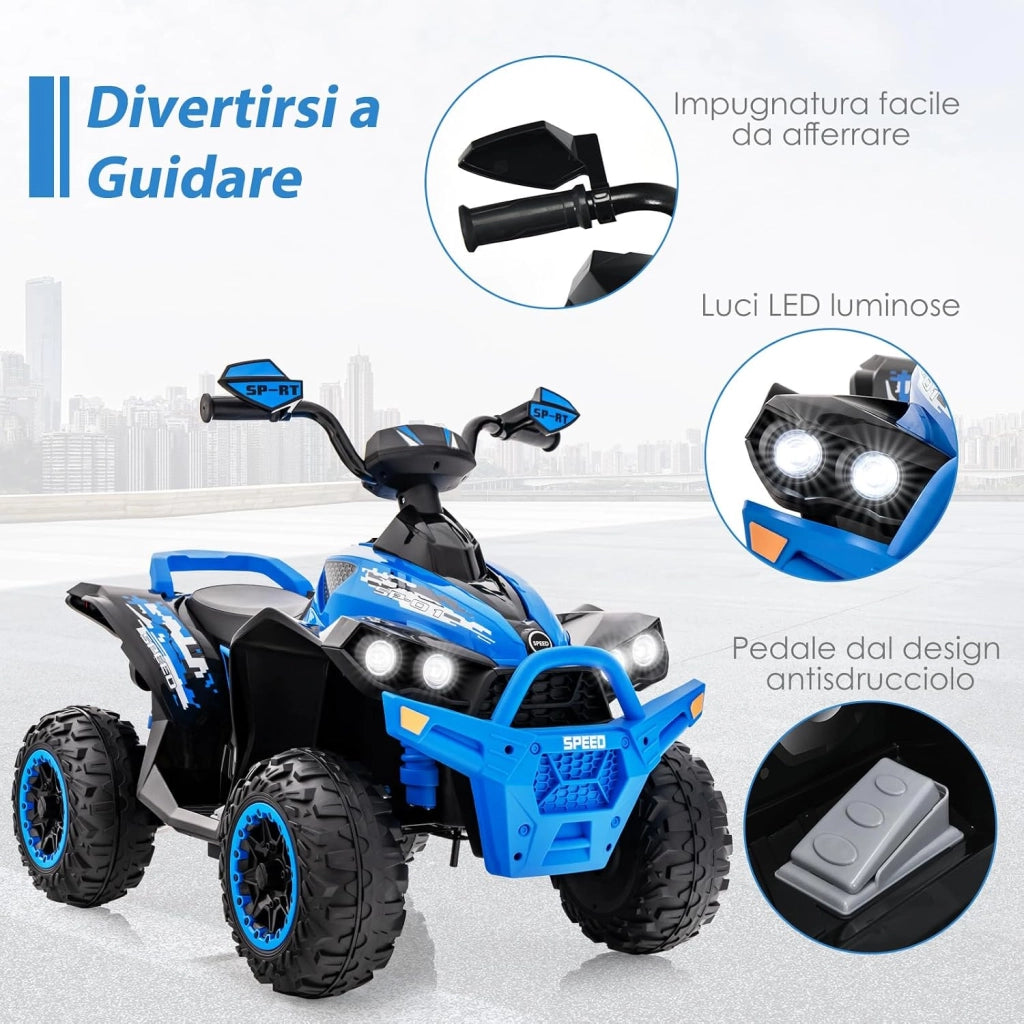 12V Quad Elettrico per Bambini, Auto Elettrica Cavalcabile con Luci LED Musica e Pedale, 2,2-4,3 km/h, Quad Regalo per Bambini 3-8 Anni (Blu)