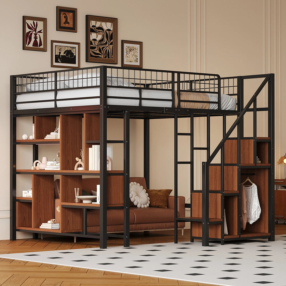 Letto a soppalco multifunzionale - Xylo - 140x200 cm - Nero - Con spazio di archiviazione e scala