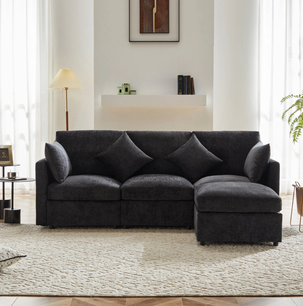 Divano modulare angolare 3-4 posti in chenille grigio con pouf mobile; 216 x 161 x 81 cm