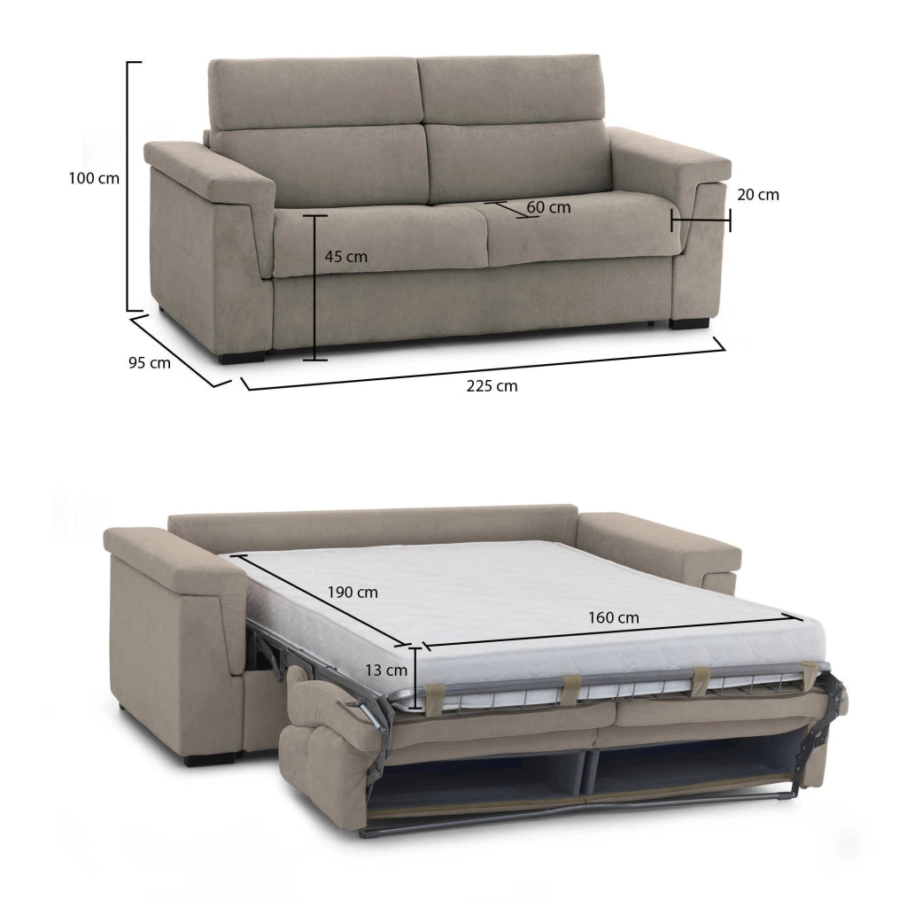 Nus, Divano Letto 3 Posti Sfoderabile Made in Italy, 225x95 cm Grigio Tortora