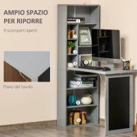 Scrivania PC Pieghevole con Libreria a 9 Ripiani in Legno e Metallo, 98x51x153 cm, Grigio