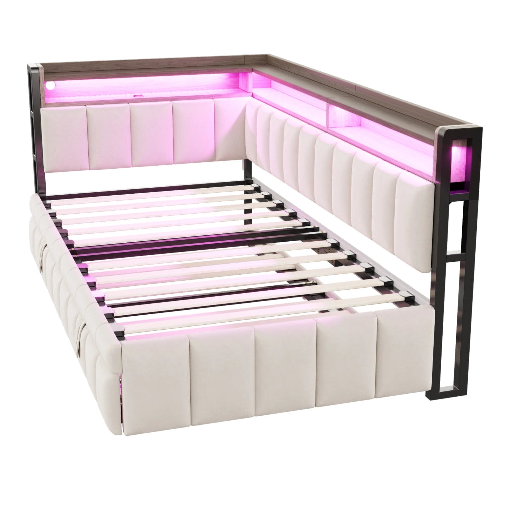 Divano letto multifunzionale 90x200 cm in velluto beige con letto estraibile; LED e USB