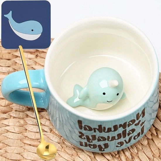 Tazza Cermica con Balena 3D - Spazzola e Assorbente - 350 ml - Regalo di Compleanno - Per Ragazza Ragazzo Marito Moglie