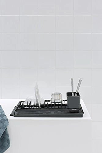 Brabantia 117404 Sink Side Scolapiatti con Scivolo per Lavello Spazio per 13 Piatti in Alluminio con Cestello Portaposate Rimovibile e Vassoio Salvagoccia colore Grigio Scuro