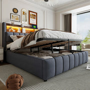 Letto Imbottito Matrimoniale con LED, USB, Contenitore Idraulico ¨C MINIMAL ¨C Tessuto Grigio 180x200