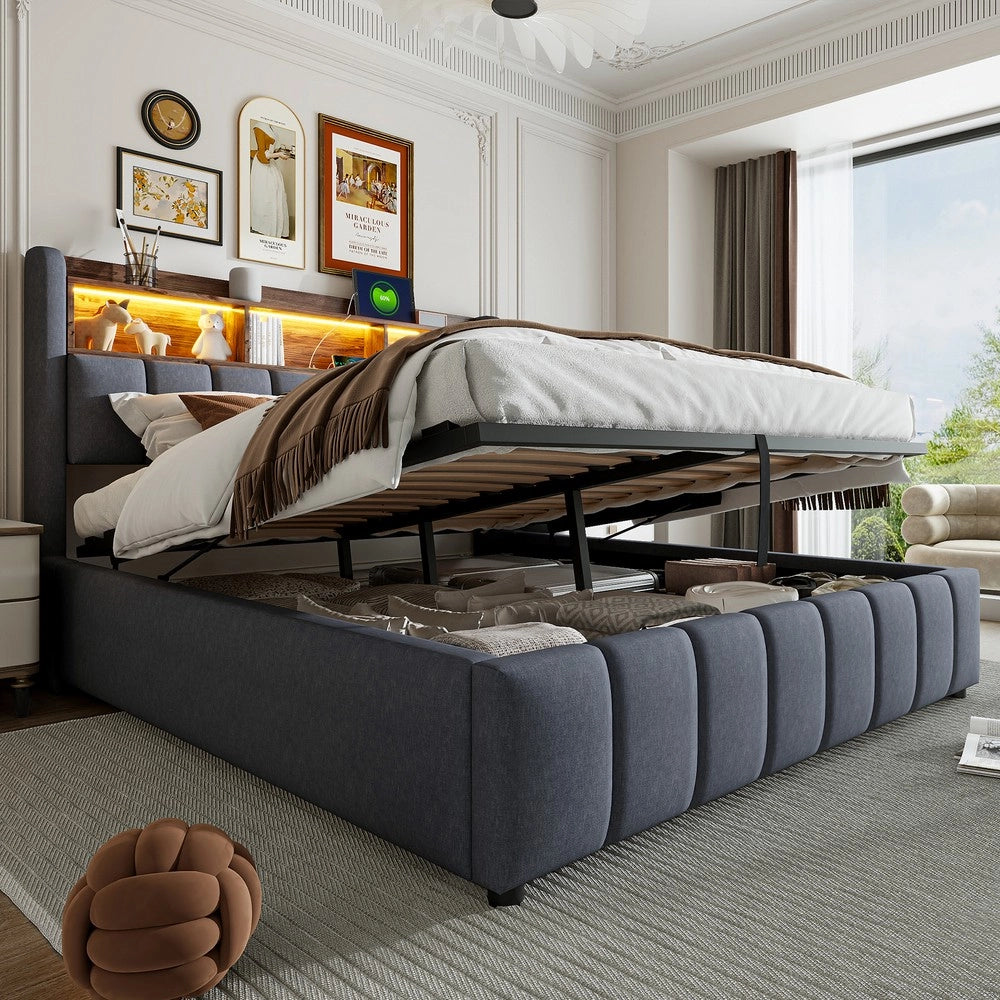 Letto Imbottito Matrimoniale con LED, USB, Contenitore Idraulico ¨C MINIMAL ¨C Tessuto Grigio 180x200