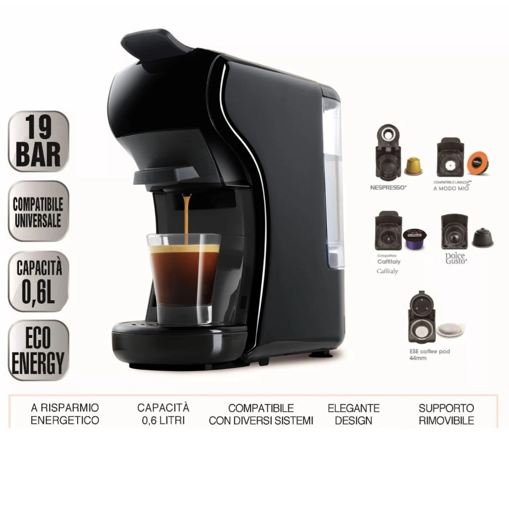 DCG ES6517 - Macchina Del Caffè Universale, serbatoio 0,6 Litri, 19 BAR, 1.450W - NERA+ Omaggio 15 Pz Cialde / Capsule