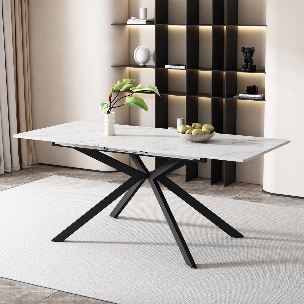 Tavolo allungabile con design a croce e effetto marmo per sala da pranzo e soggiorno in MDF e metallo nero bianco