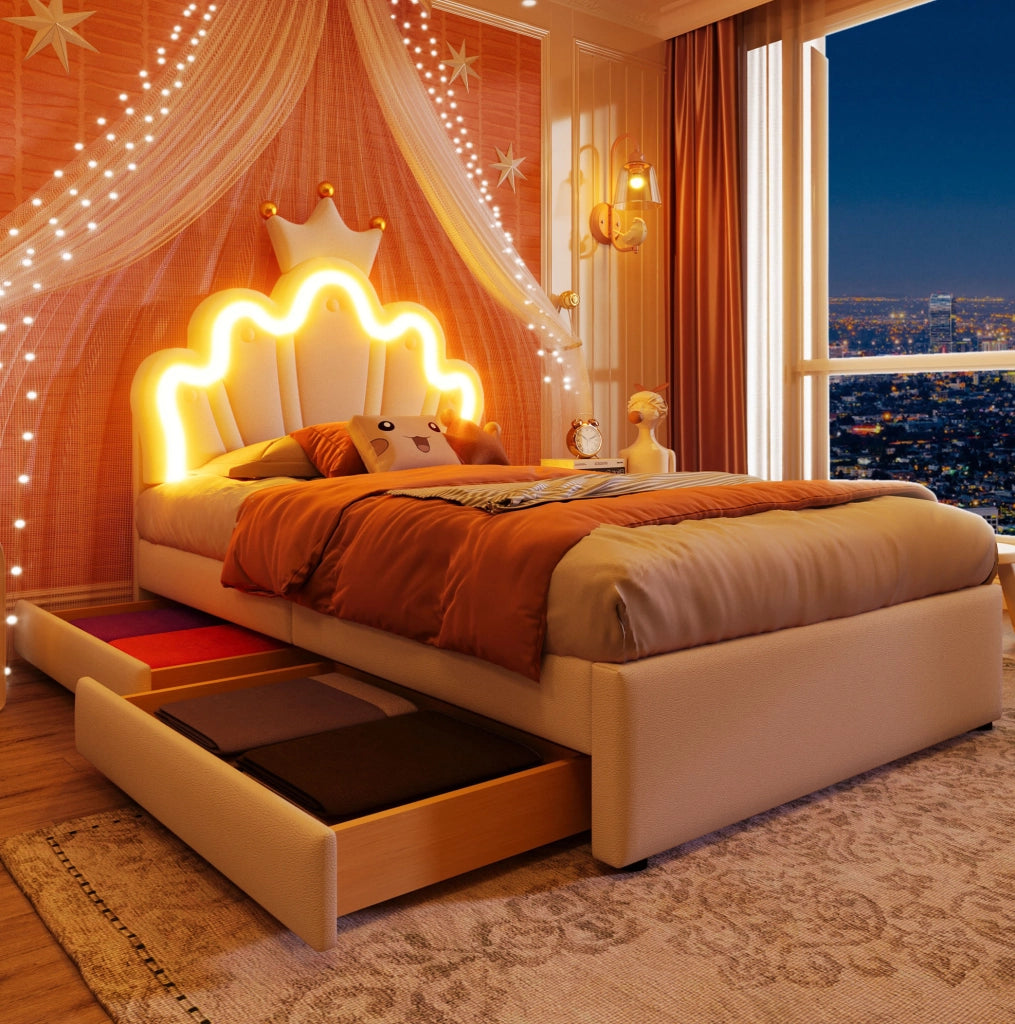 Letto per bambini 90x200 cm con 2 cassetti; LED; testiera regolabile; PU bianco