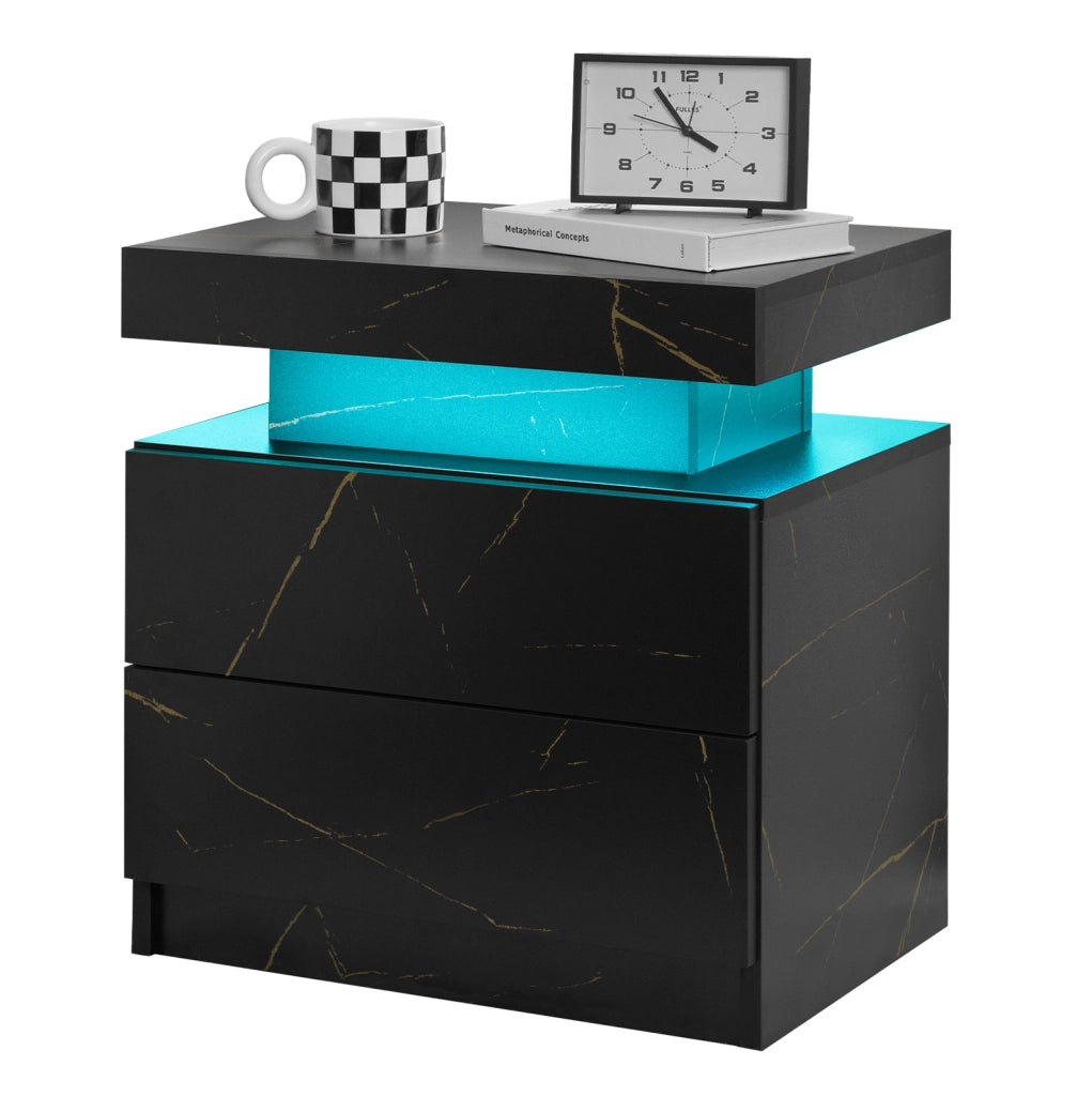 Comodino LED con 2 cassetti e luci multicolore regolabili in legno ingegnerizzato nero oro