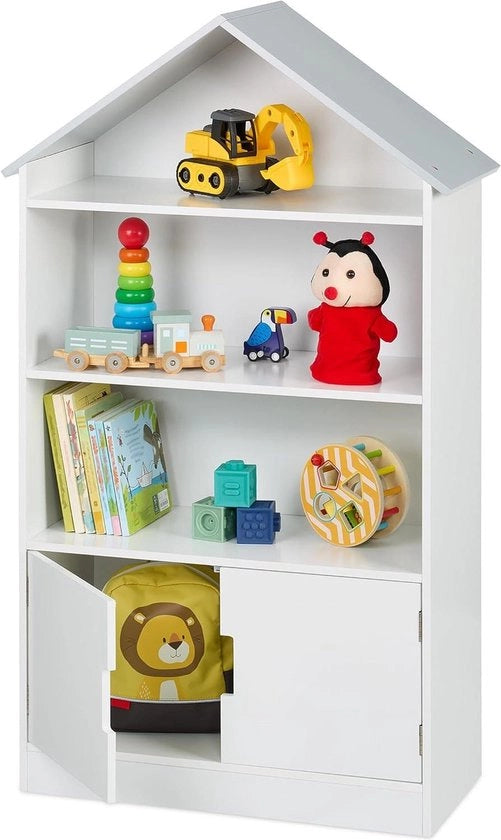 Cassettiere per bambino - libro e giocattoli con 3 aperture e 1 cassettino chiuso - 115 x 68 x 28 cm - bianco/grigio