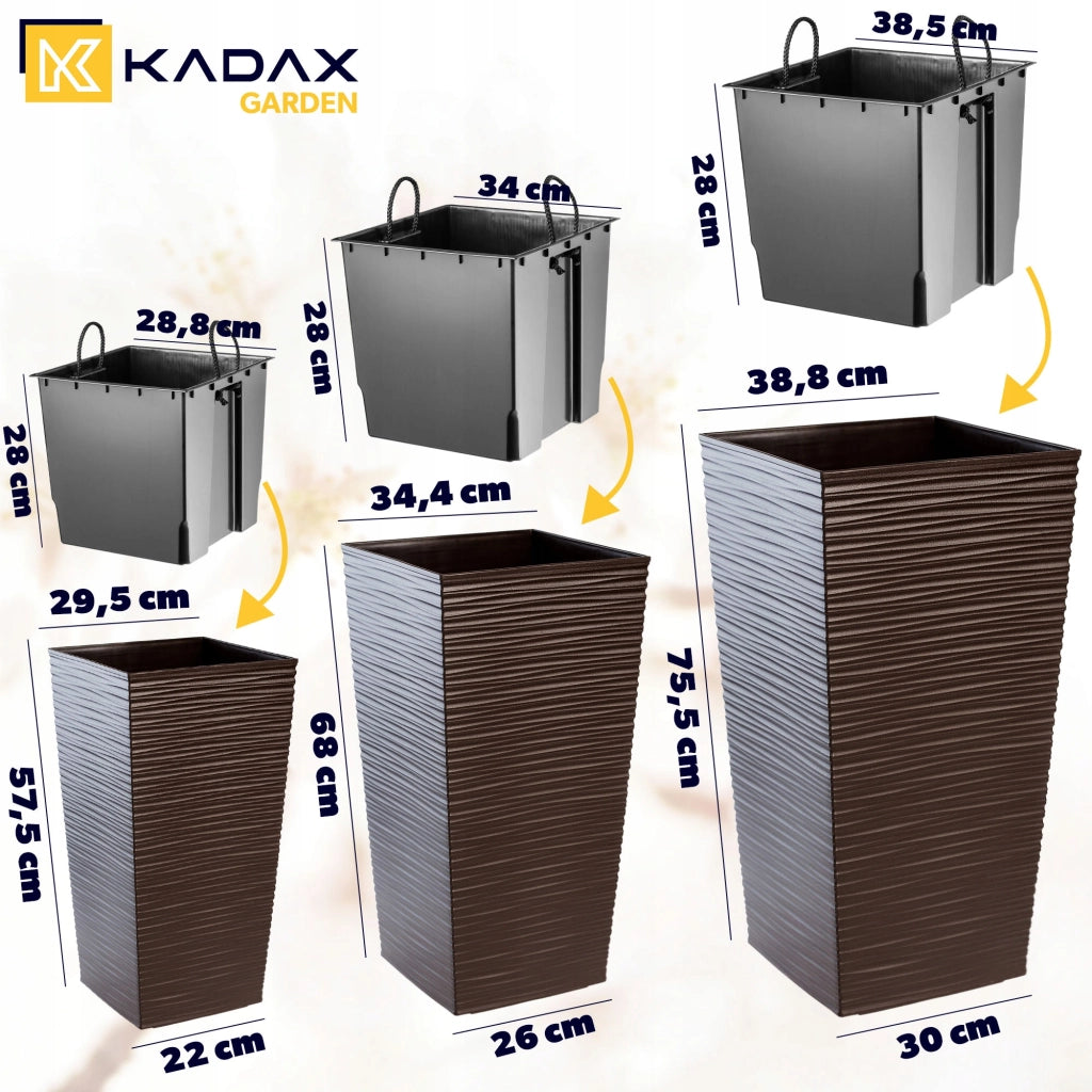 Set di 3 vasi da fiori KADAX, vasi da giardino + inserti, alti e grandi, color moka, 57+68+75 cm