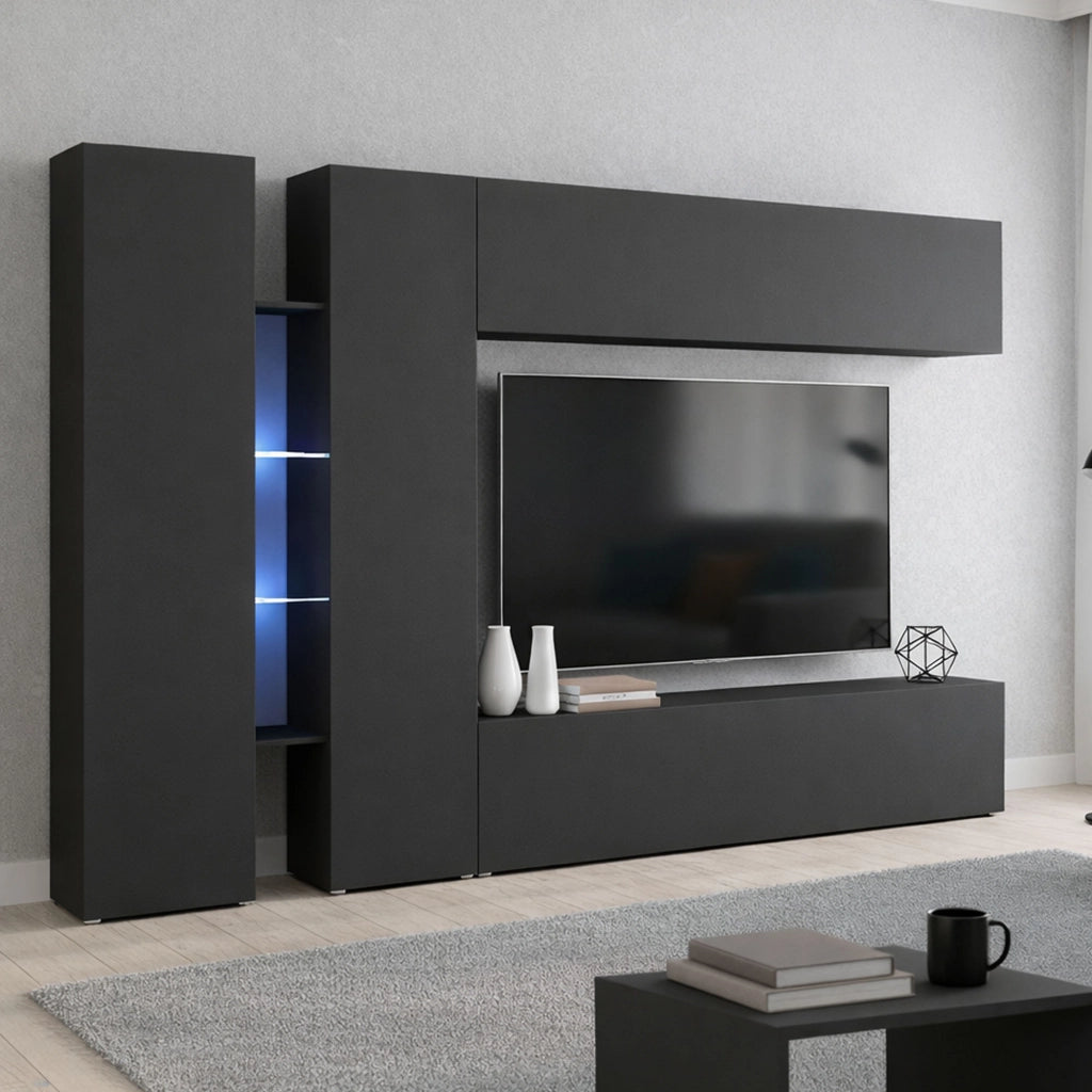 Parete attrezzata Enstatite, Set salotto porta TV a 4 ante, Mobile soggiorno multiuso, 100% Made in Italy, cm 280x30x180, Antracite